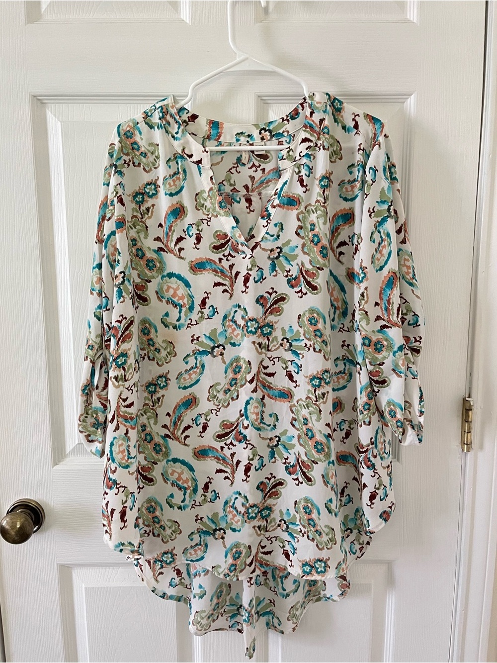 Cato Cream Paisley Blouse with Teal & Brown Accents